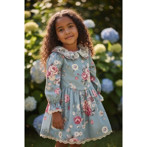 Vintage Le Maj Blue Pink Floral Cotton Toddler Dress Size 5 Made In USA - Picture 1 of 10